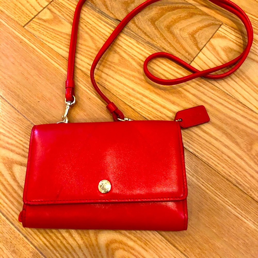Coach Red/Orange Leather Phone Wallet Crossbody